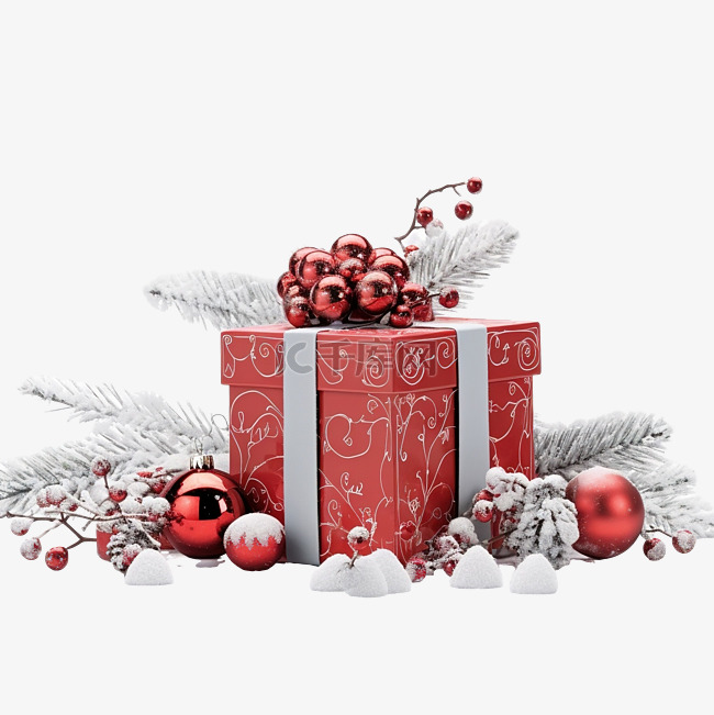 带冬季装饰和红色礼盒的圣诞礼物