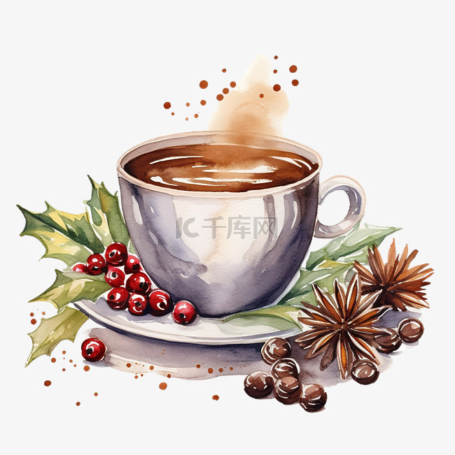 一杯咖啡，配有圣诞装饰品和咖啡