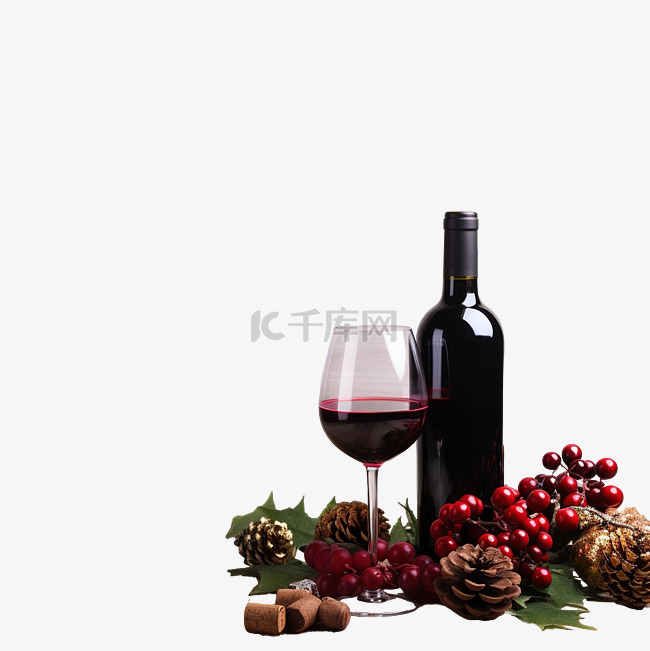 木桌上的红酒和圣诞装饰品