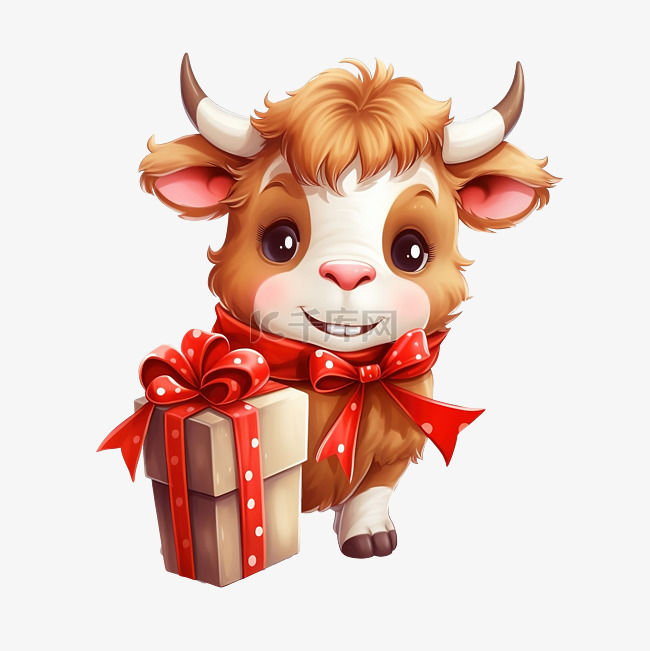 可爱的公牛携带圣诞礼品盒