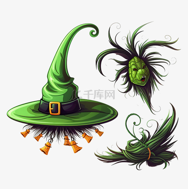 万圣节女巫帽子绿色女巫帽子蜘蛛