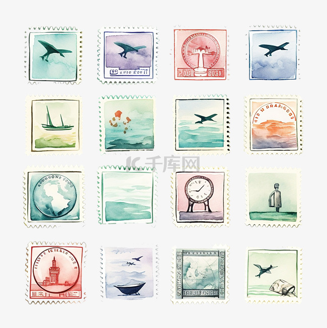 水彩邮票旅行剪贴画