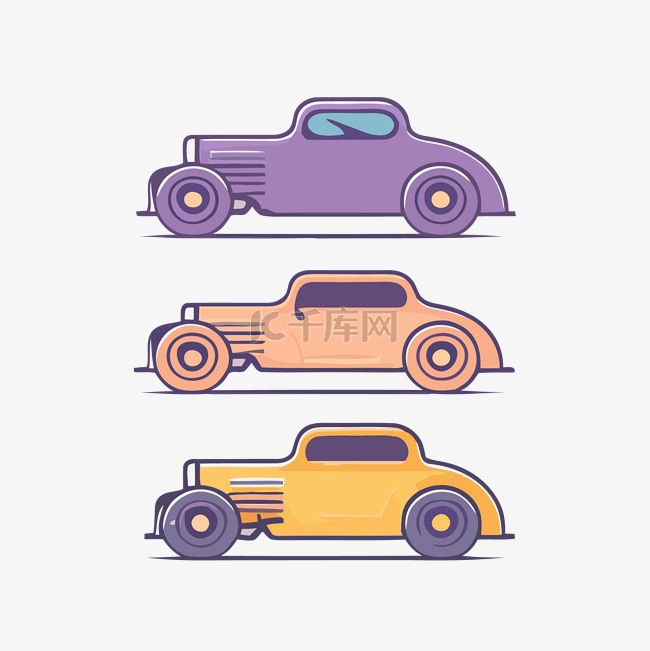 三幅平面风格的旧式汽车插图重新