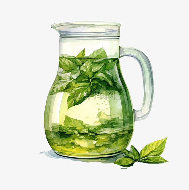 水罐与绿茶水彩插图