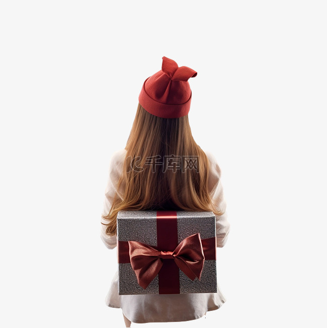 长发女孩戴着圣诞帽拿着礼盒看城