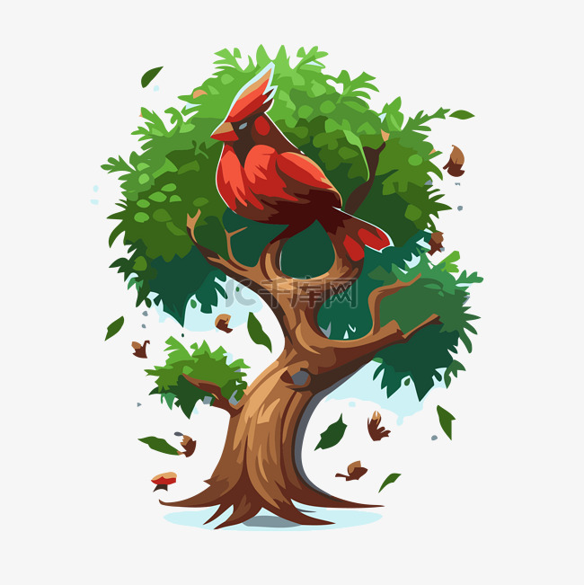 卡通红红衣主教鸟在树上 向量