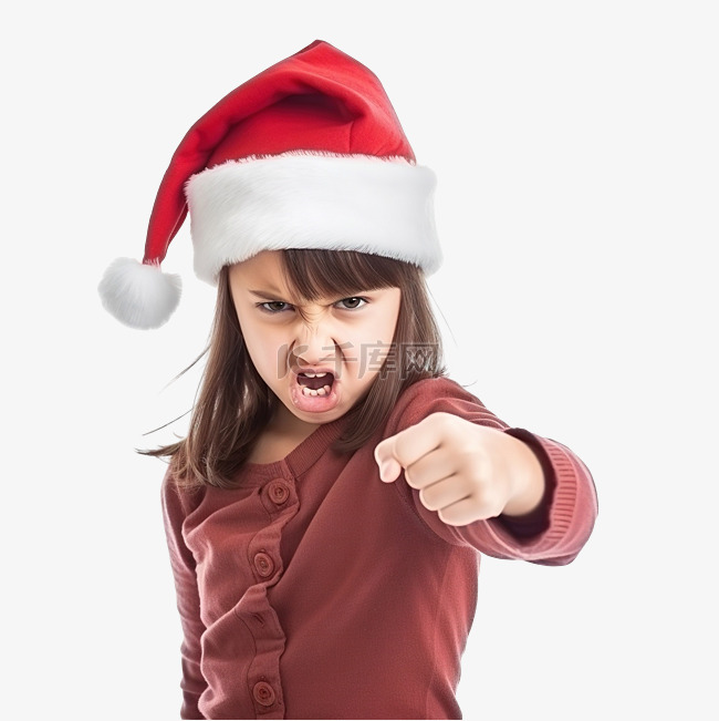 戴着圣诞帽的愤怒小女孩孤立地站
