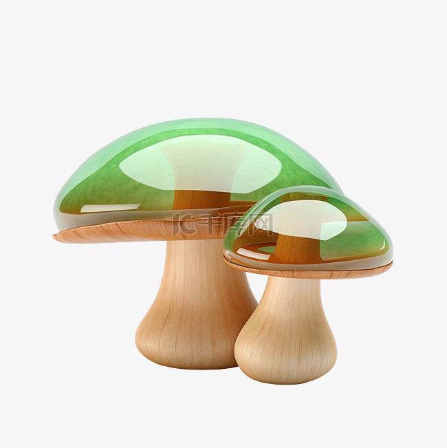 木材和绿色蘑菇高品质 3D 渲染
