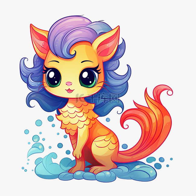 可爱的彩色猫美人鱼人物卡通涂鸦