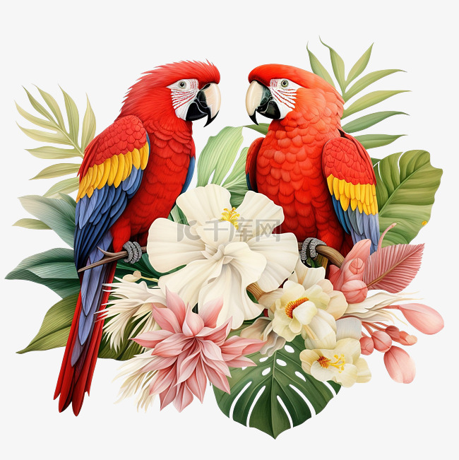 热带叶花上的凤头鹦鹉和猩红色金
