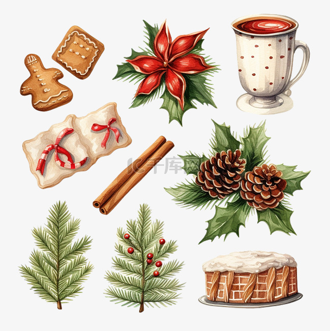 圣诞快乐传统符号和寒假物品