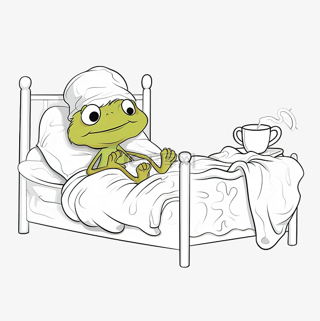 着色页小青蛙在床上清晨醒来黑白