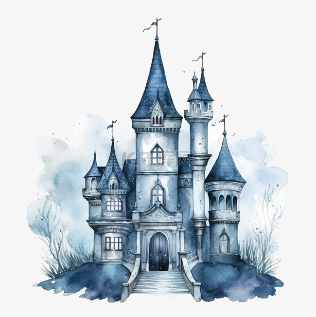 水彩蓝色城堡万圣节水彩插图隔离