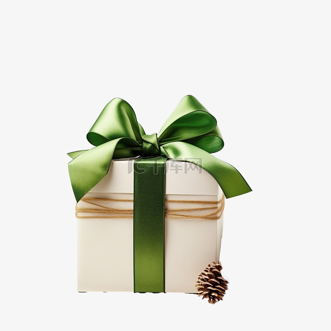 礼品盒，配有绿色丝带弓和树枝圣