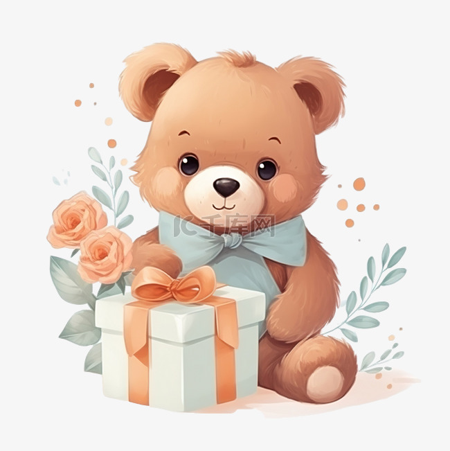 可爱的熊带着礼物和鲜花