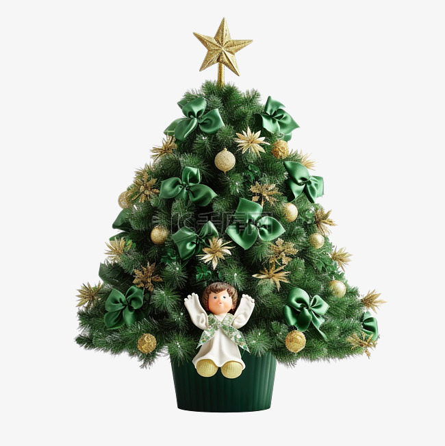 用天使玩具装饰的绿色人造圣诞树