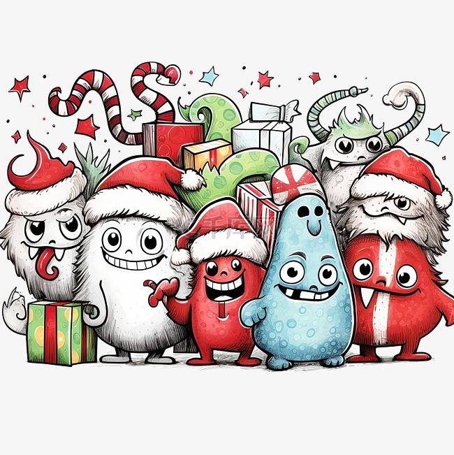 圣诞节与卡通风格可爱有趣的怪物