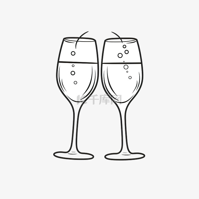 香槟瓶和眼镜概念的线条艺术风格