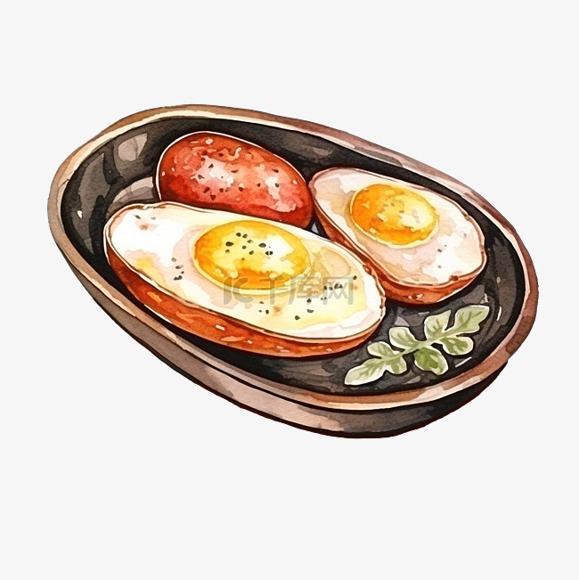 炒鸡蛋与香肠水彩剪贴画