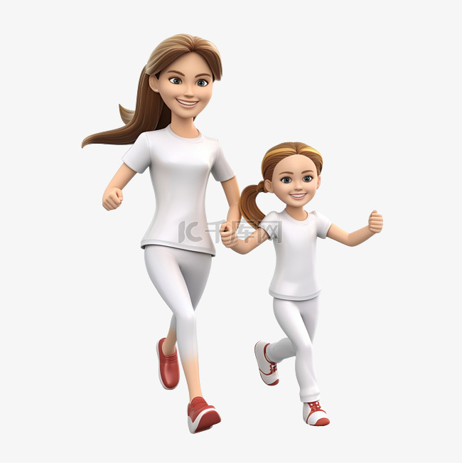 3d 渲染妈妈和女儿跑去拥抱插图