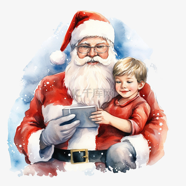 手绘插画圣诞圣诞老人和孩子坐在