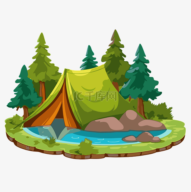 露营地剪贴画卡通帐篷与树木和岩