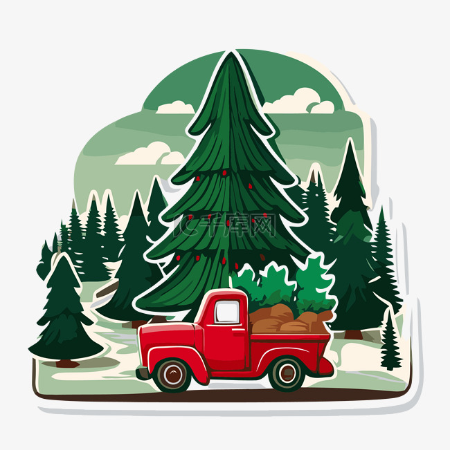 红色卡车运载有圣诞树的森林和背