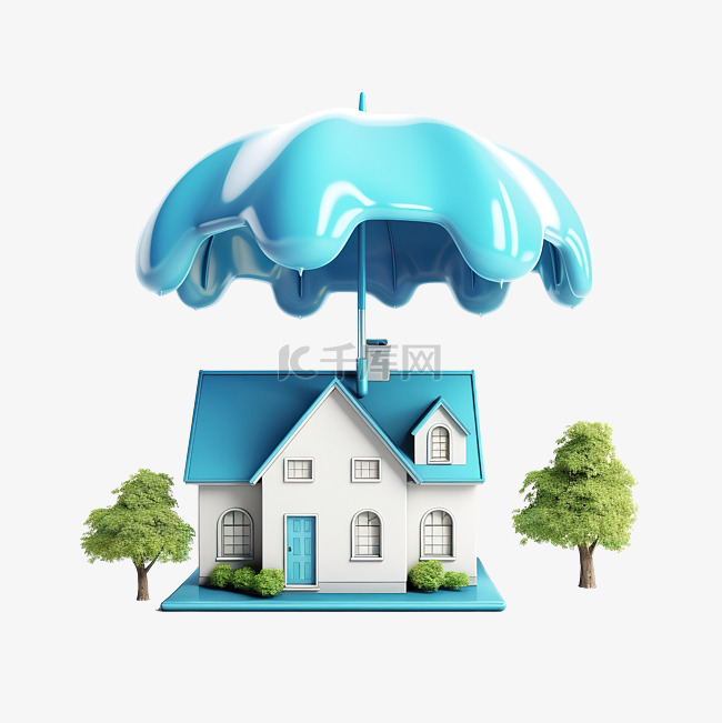 3d 房子与伞云滴雨水