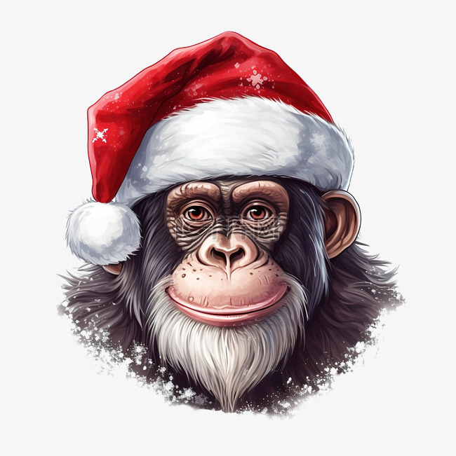 猴子头带着圣诞老人圣诞帽插画