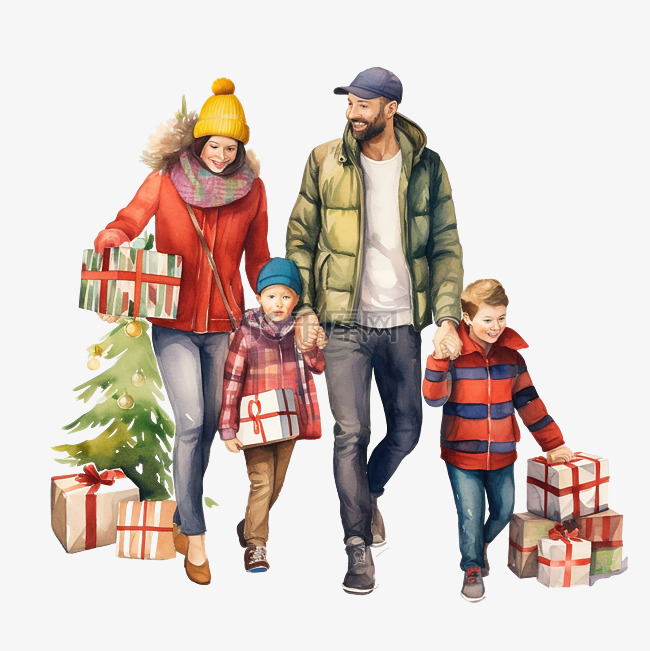 带孩子购买和持有圣诞树和礼物的