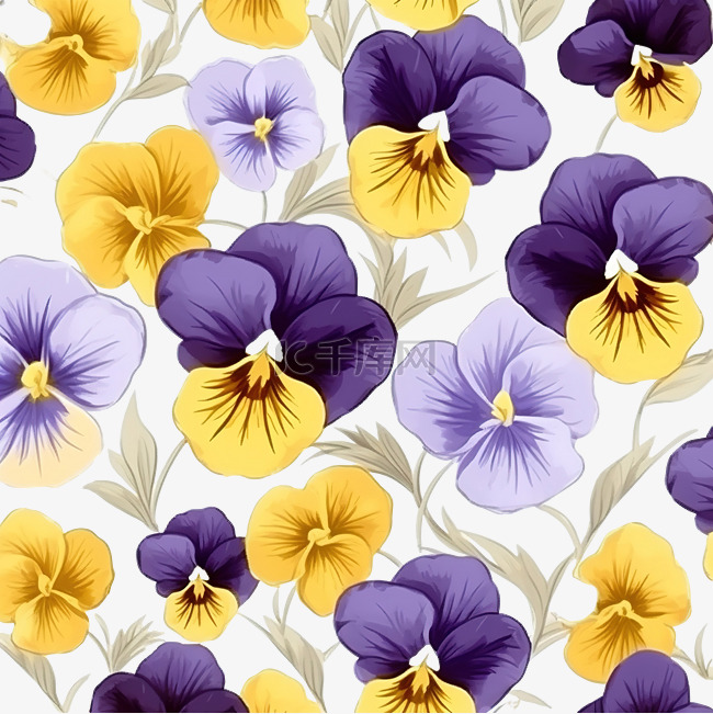 三色紫罗兰花无缝图案中提琴黄色