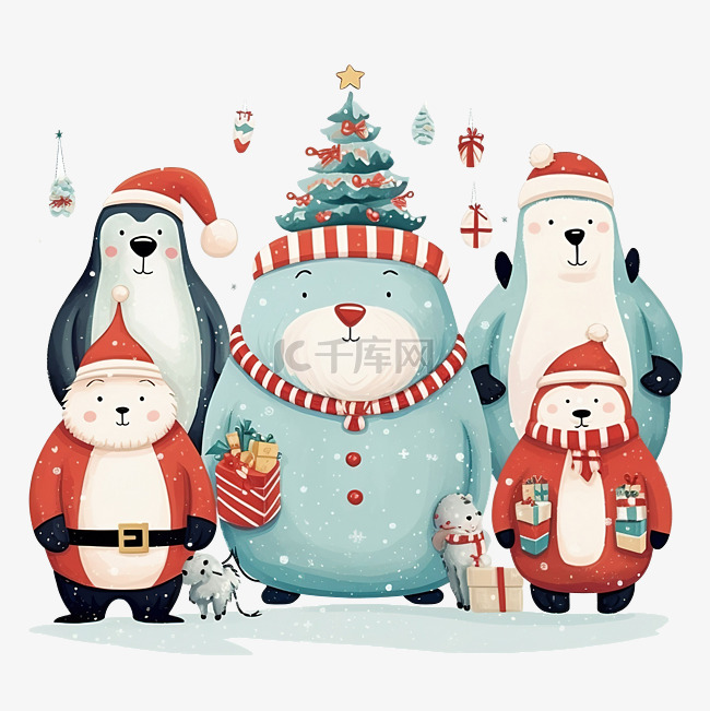 圣诞快乐插画卡与北极熊