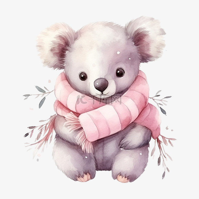 冬天戴着粉色围巾的水彩考拉熊