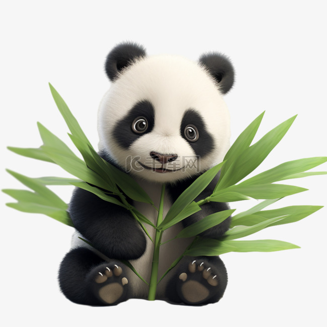 创意熊猫抱竹子元素立体免抠图案
