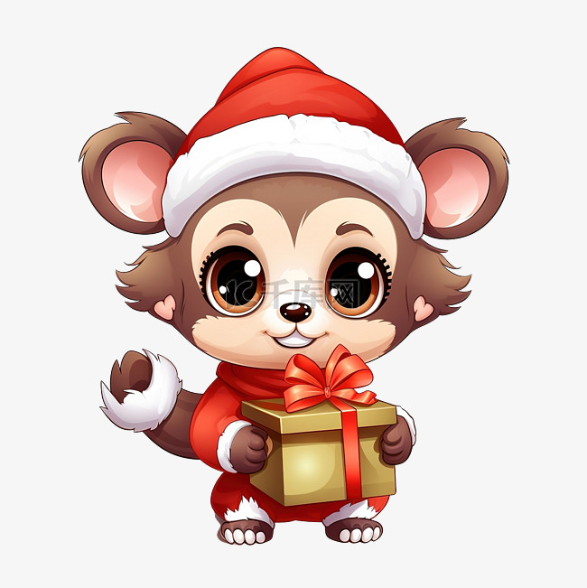 可爱的袋鼠穿着圣诞老人服装送圣