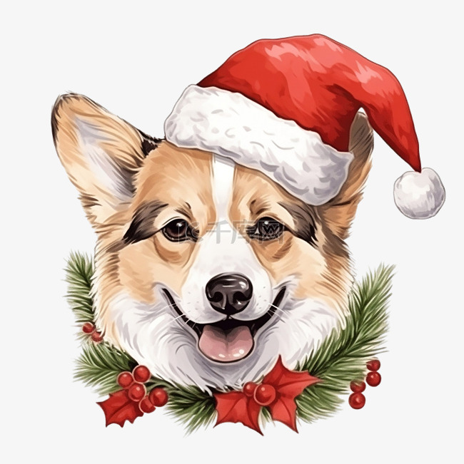 圣诞配饰中的柯基犬手绘肖像