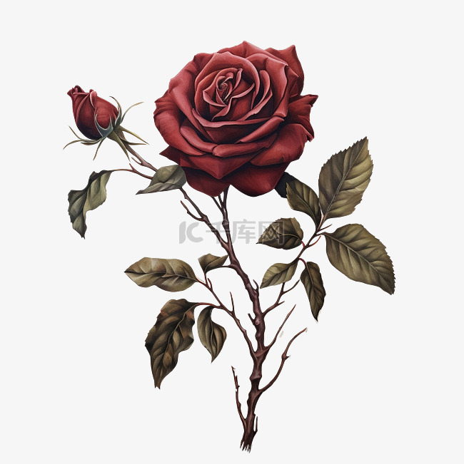 深红色玫瑰与树枝