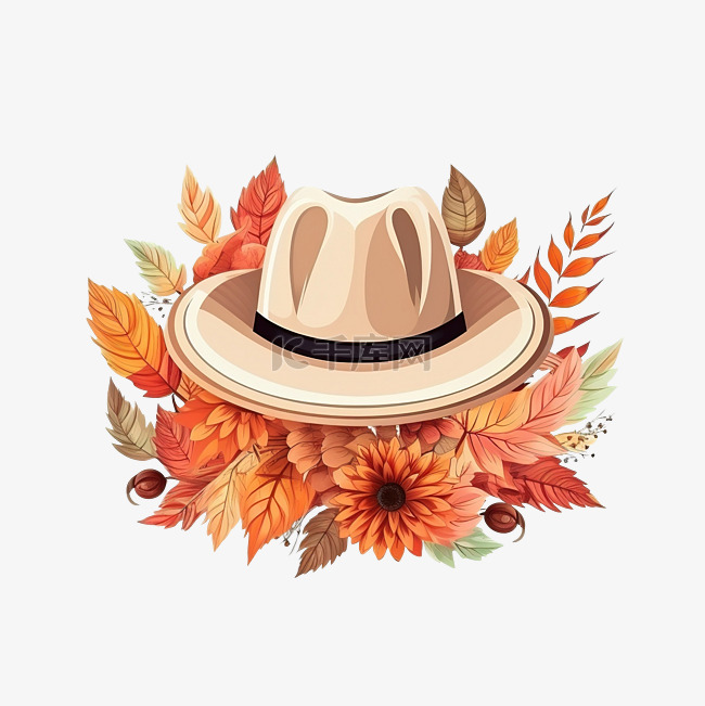 感恩节快乐，帽子和树叶设计