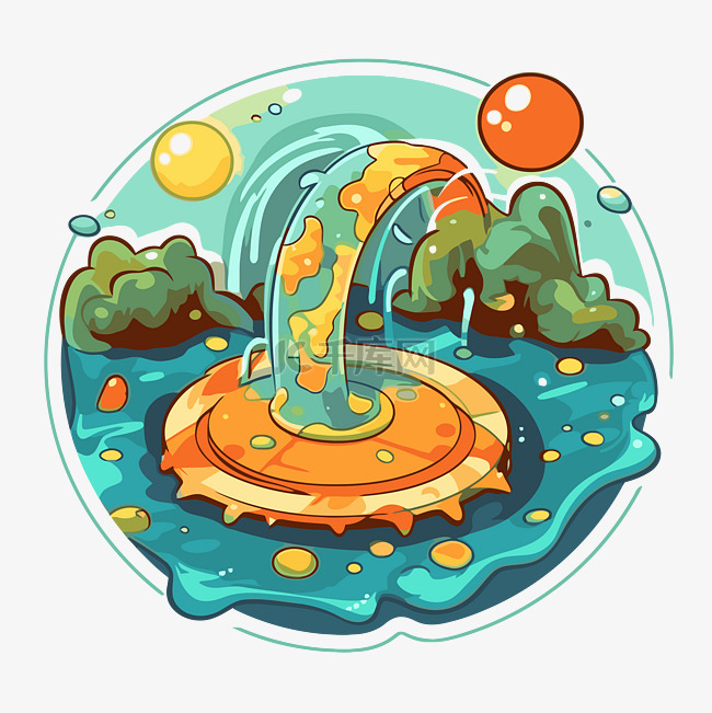 卡通喷泉与橙色水和气泡在平面样