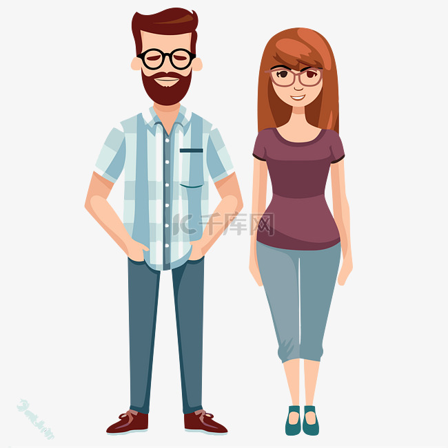 男人和女人剪贴画卡通男人和女孩戴眼镜插图 向量素材图片免费下载-千库网