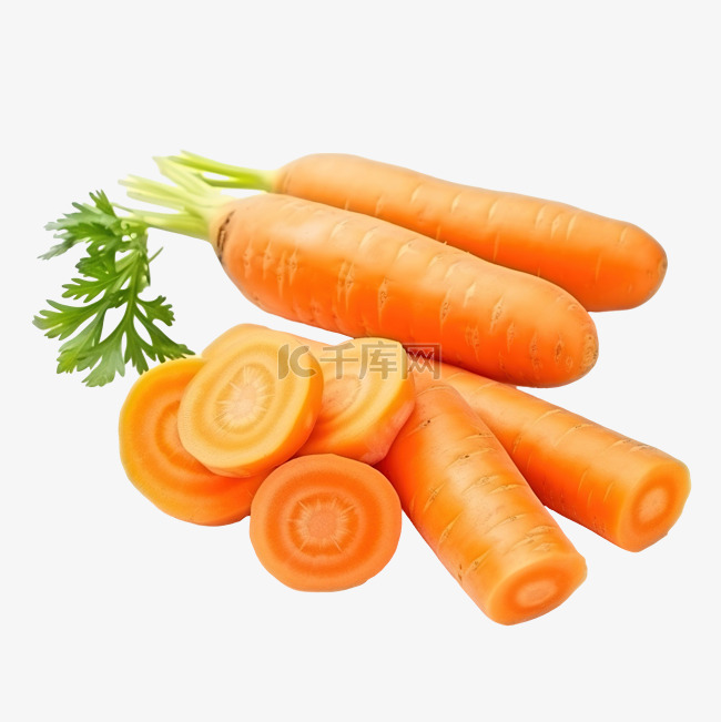 一组完整的和切片的胡萝卜分离