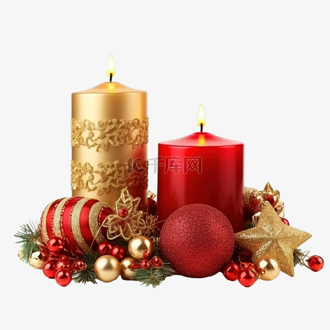 圣诞组合物，木桌上有蜡烛和红色