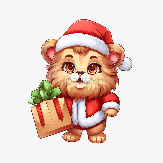 可爱的狮子在捆绑袋中携带圣诞礼