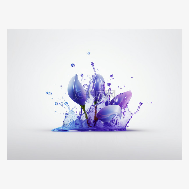 花朵滴在蓝色液体中，背景照片上