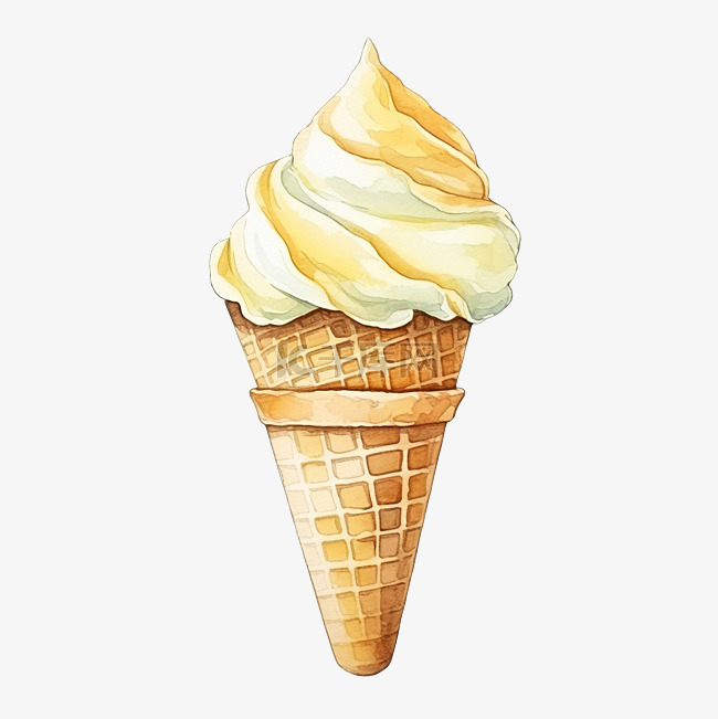 夏季装饰元素的香草冰淇淋锥水彩