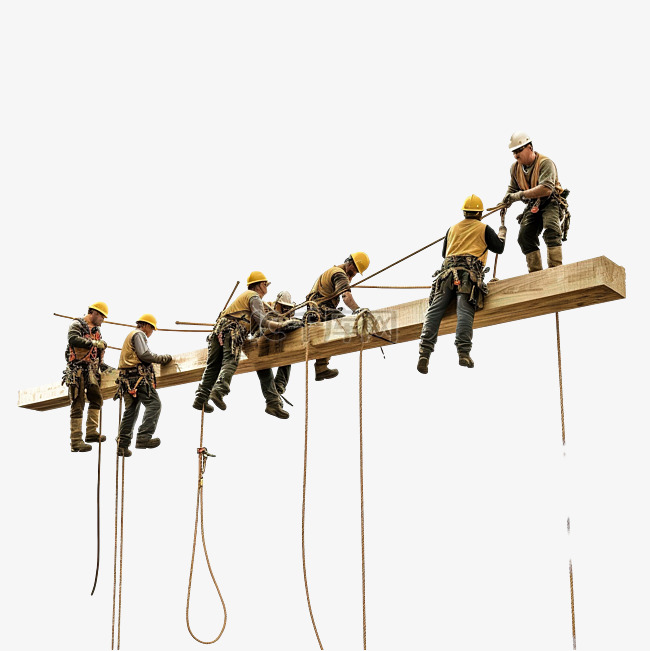 建筑工人在吊臂上吊装木材