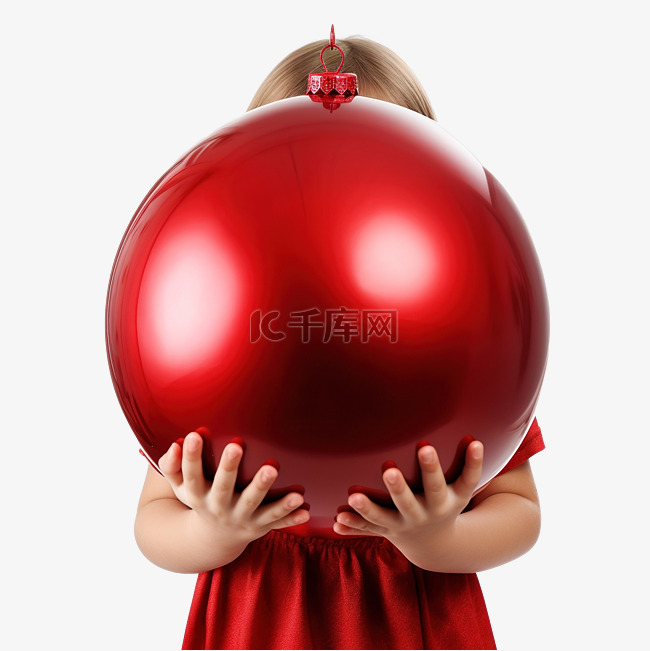 一个漂亮的小女孩用一个大圣诞球
