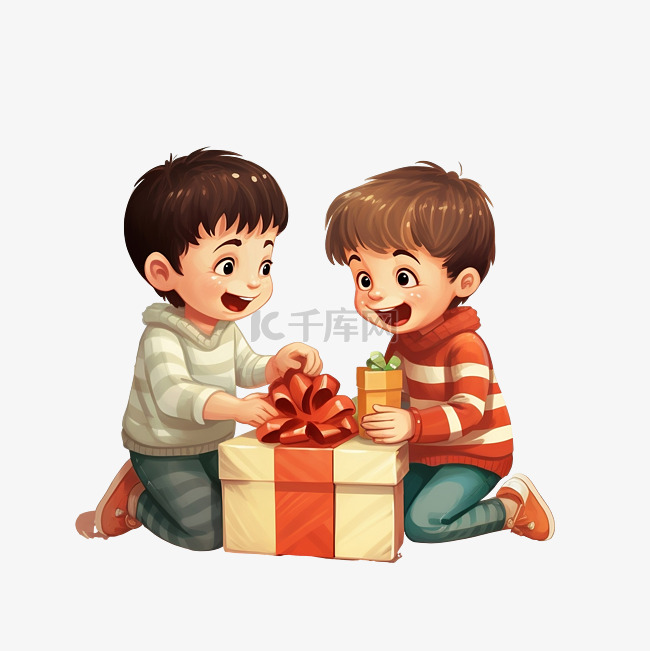 快乐的孩子兄弟在圣诞树前打开礼