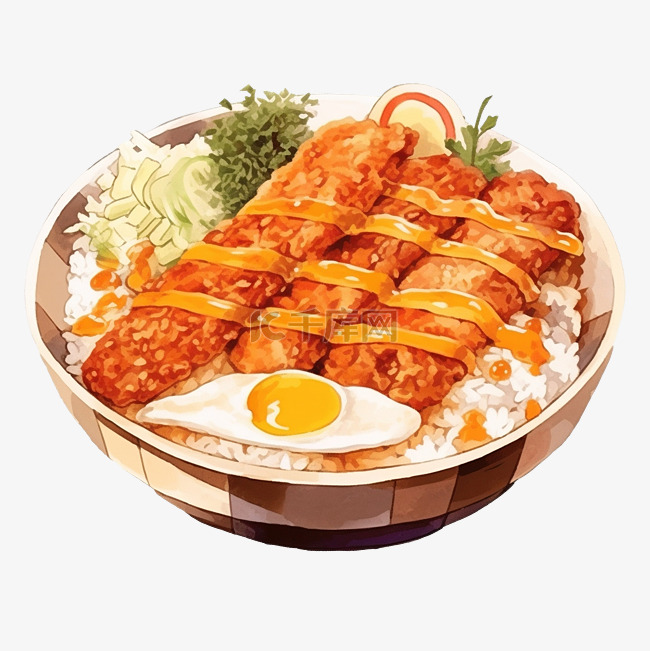 水彩日本料理炸猪排咖喱饭碗