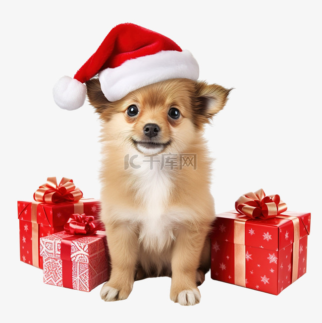 戴着圣诞帽的滑稽可爱的狗，带着